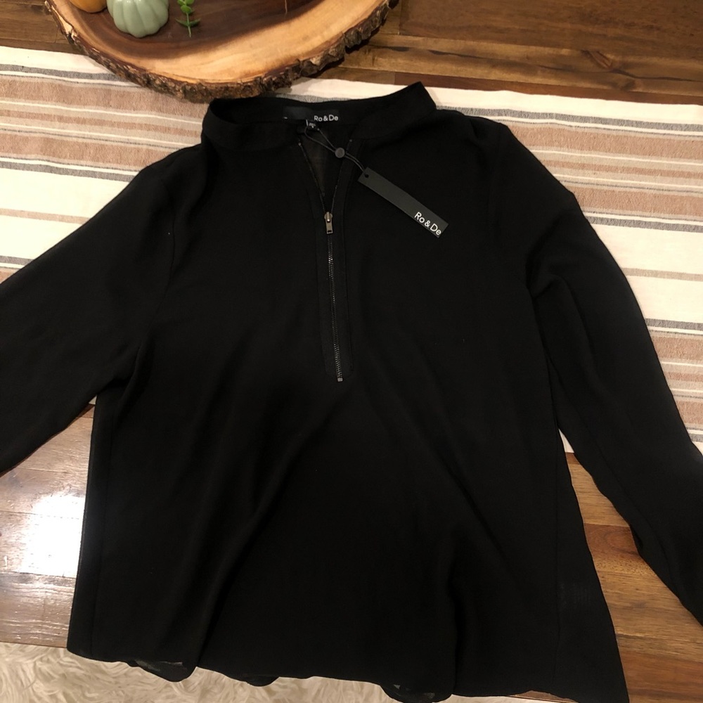 NWT Ro & De black fully sheer partial zip longsleeve